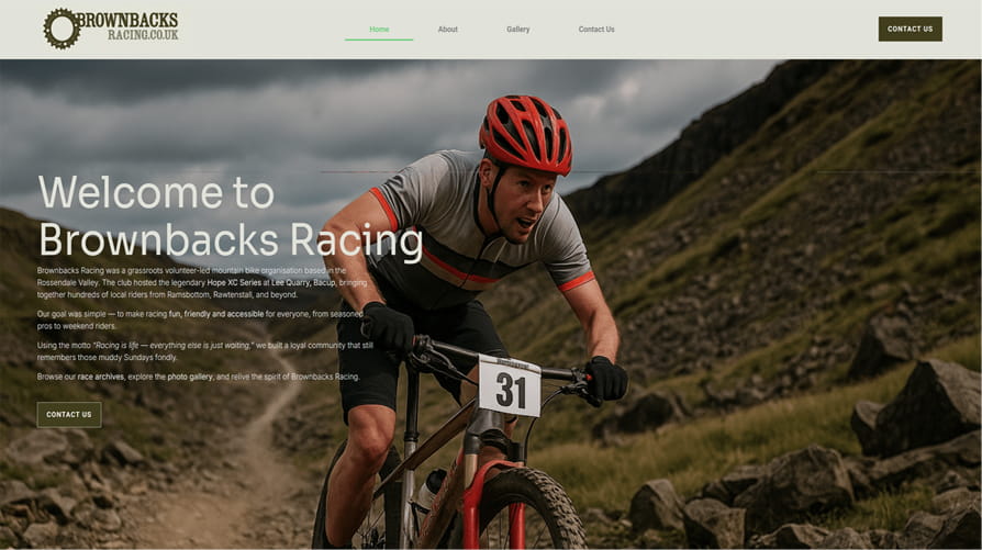 Brownbacks Racing website homepage design — bold sports layout with strong typography and mountain bike hero image