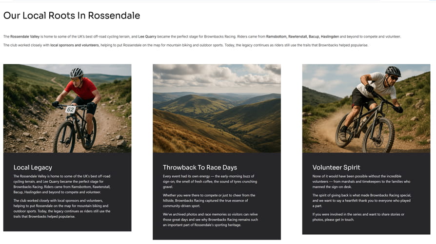 Brownbacks Racing website interior page design — clean content sections with gallery and clear navigation