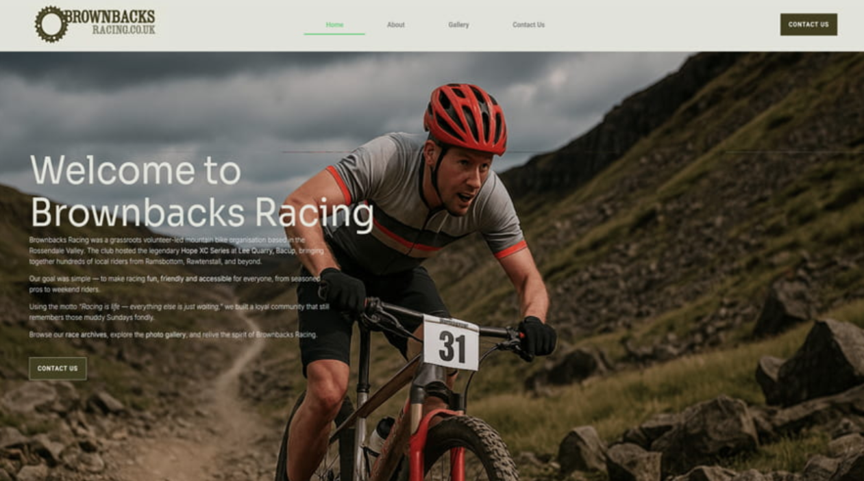 Brownbacks Racing website homepage — mountain bike hero image with bold branding