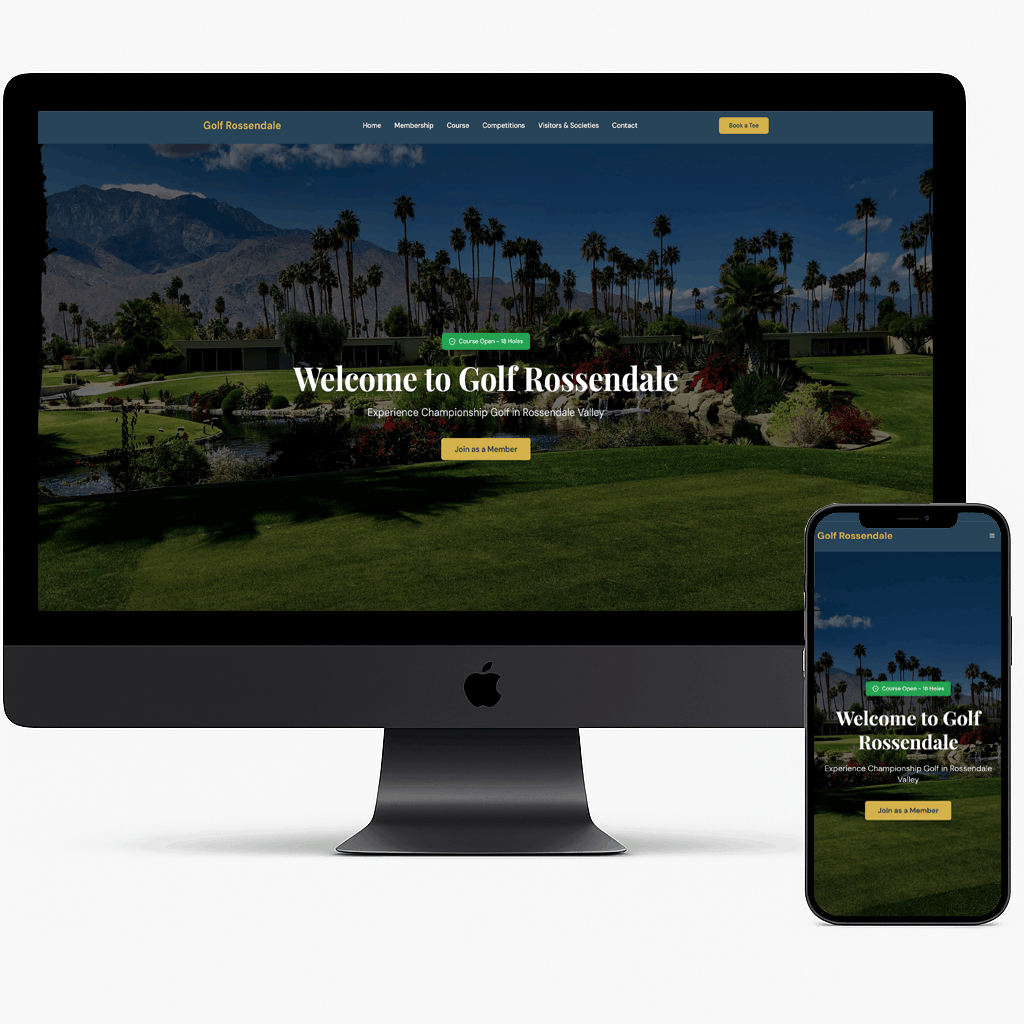 Golf Rossendale website design displayed on desktop and mobile — clean green-themed responsive layout with course information and membership sections