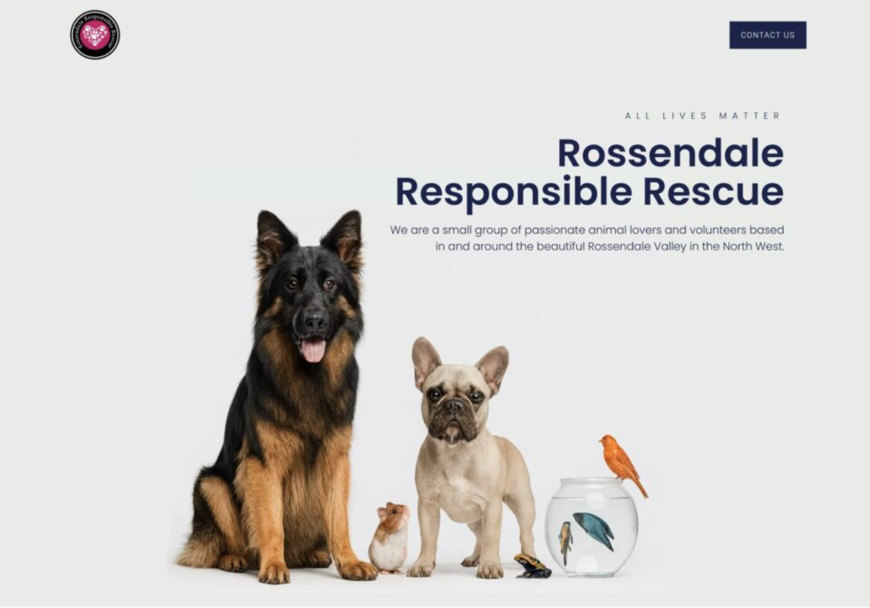 Rossendale Responsible Rescue website homepage — clean white design with animal photography