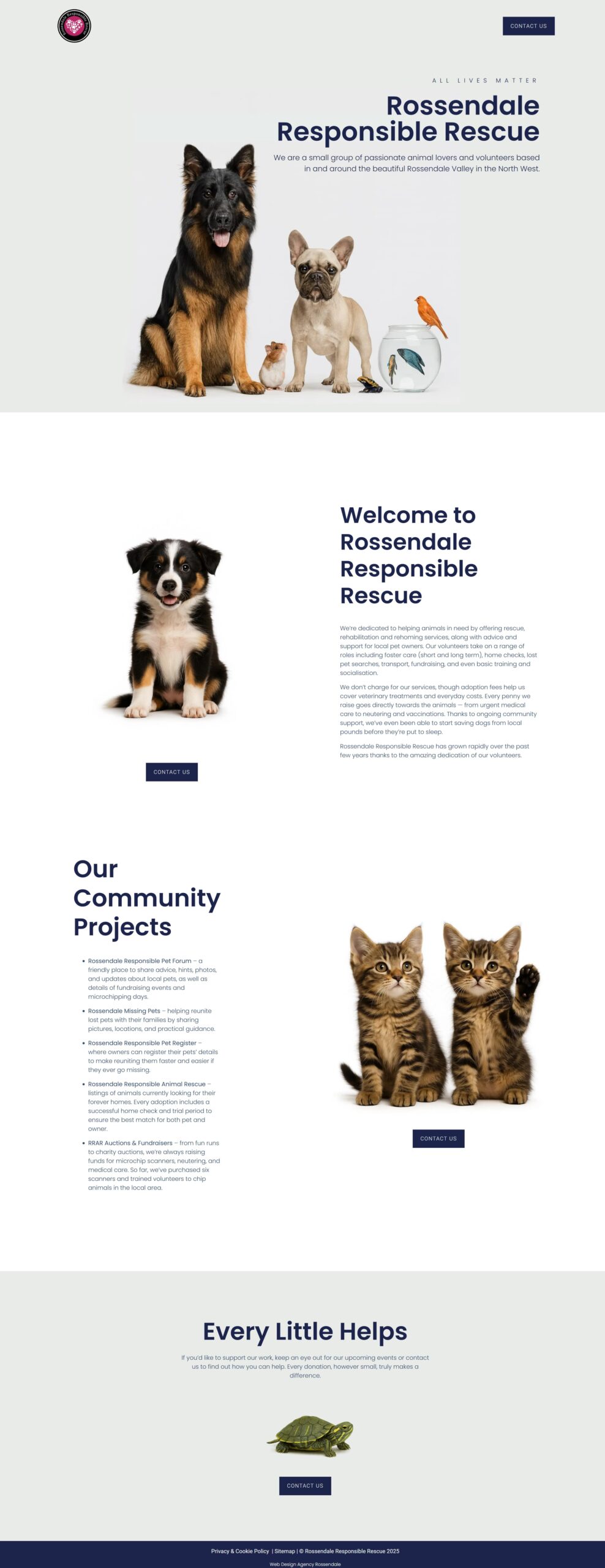 Rossendale Responsible Rescue homepage full screenshot — clean modern layout with large animal photography and clear navigation